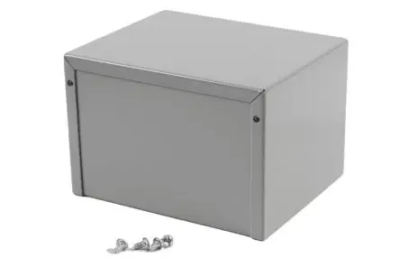 Produktfoto 1 von Hammond 1411; Gehäuse; Aluminium, Stahl Stärke 20; Grau, Schwarz Geflanscht Breite 5 Zoll Höhe 4 Zoll Länge 6 Zoll