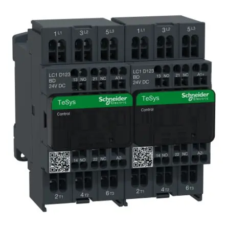Produktfoto 1 von Schneider Electric TeSyS D Wendeschütz 24V dc-Spule, 3-polig, 690V / 12 A 24V 5.5 kW 1 Schließer/1 Öffner