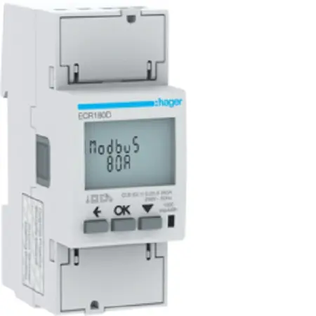 Produktfoto 1 von Hager ECR180D Energiemessgerät LCD 60 mm x 92 mm Energiemessgerät, 6-stellig / 1-phasig Impulsausgang