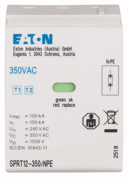 Produktfoto 1 von Eaton, Überspannungsableiter, 350 V ac 100 kA SPRT12
