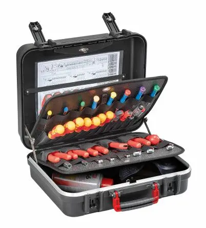 Produktfoto 1 von RS PRO Polypropylen Werkzeugkoffer Schwarz, 2 Schubladen, L. 430 mm B. 320 mm H. 190 mm, 4.6 kg