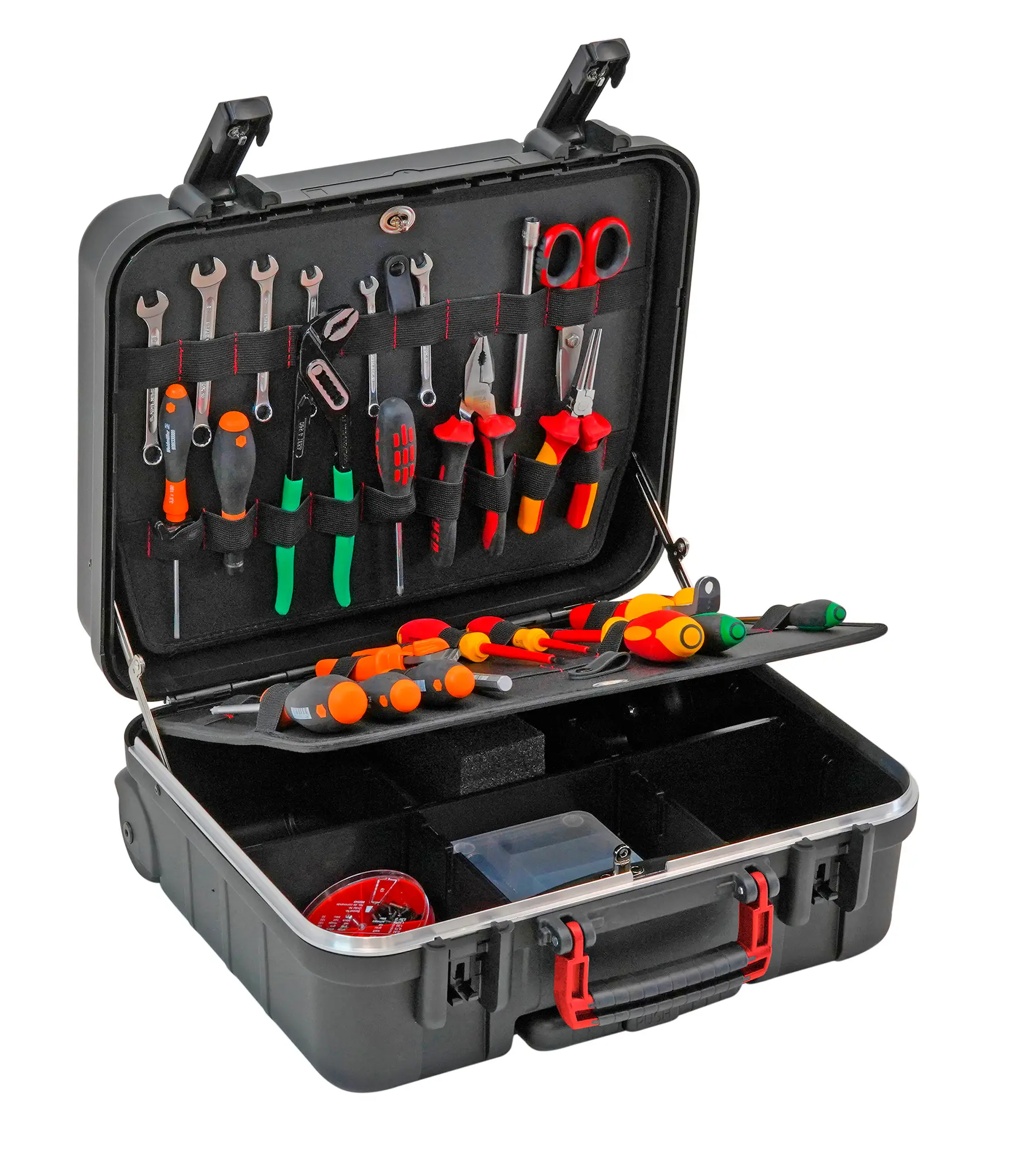 Produktfoto 1 von RS PRO Polypropylen Werkzeugkoffer Schwarz, 2 Schubladen, L. 430 mm B. 320 mm H. 190 mm, 5 kg mit Rädern