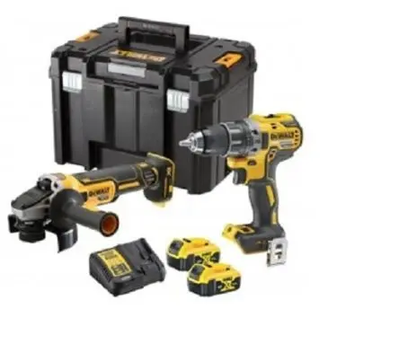 Produktfoto 1 von DeWALT Schnurlos 18V Elektrowerkzeugsatz, 2 x 18-V-5-Ah-Akkus, Ladegerät, Bohrschrauber DCD791, 125-mm-Schleifer DCG405,