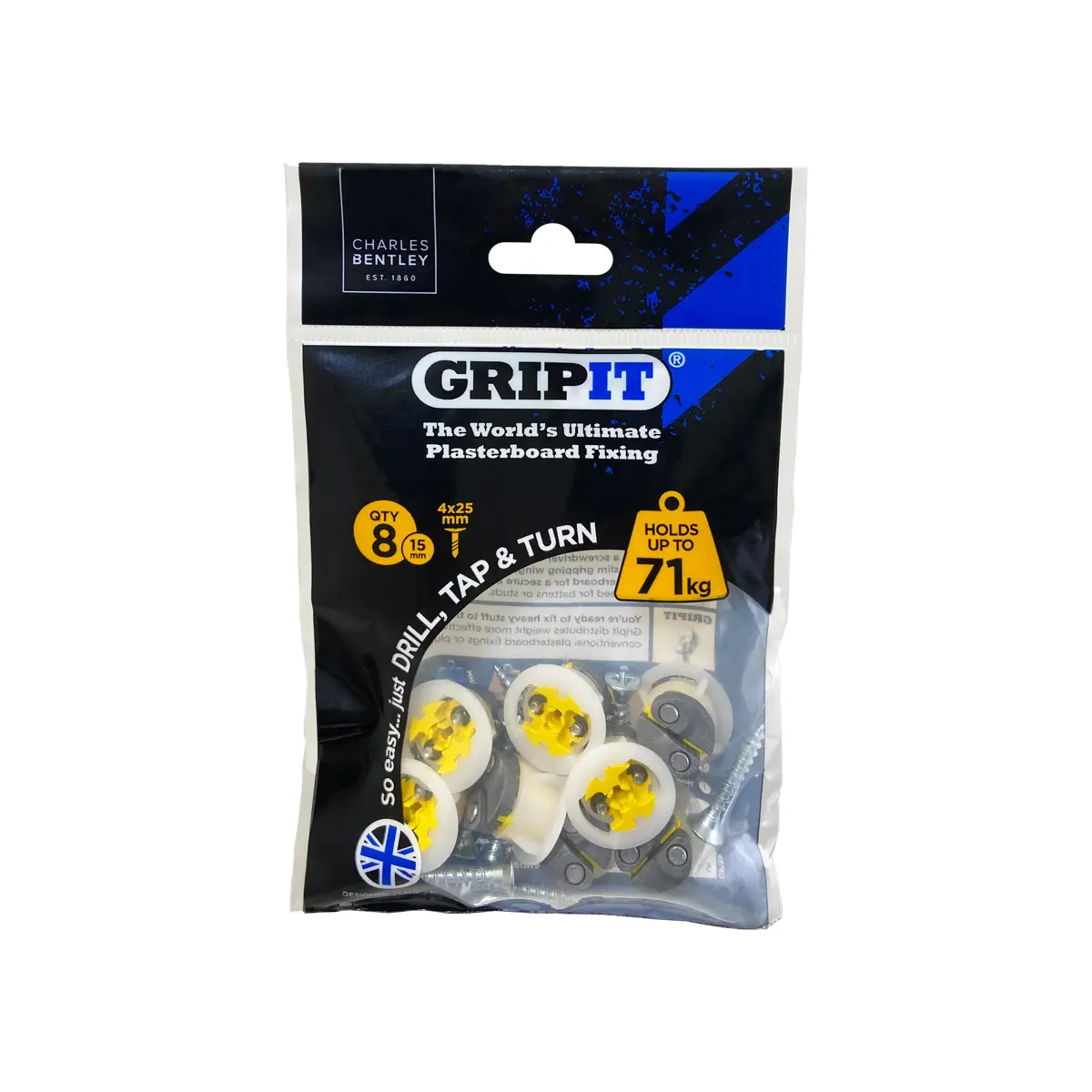 Produktfoto 1 von Gripit Gipskarton-Dübel Typ Gipskarton-Dübel, Ø 15 mm L. 100 mm Gelb Stahl, Kunststoff