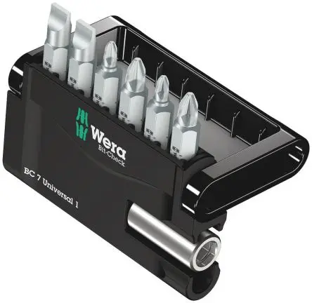 Produktfoto 1 von Wera Pozidriv, Phillips, Geschlitzt, Sechskant Universitäten Bithalter Edelstahl 25 mm, Länge 69mm, 7-teilig