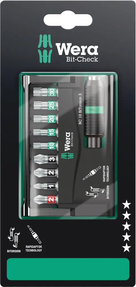 Produktfoto 1 von Wera Innensechsrund, Pozidriv, Phillips, Sechskant Sechskant Bitorsion 1/4 in 25 mm, 10-teilig