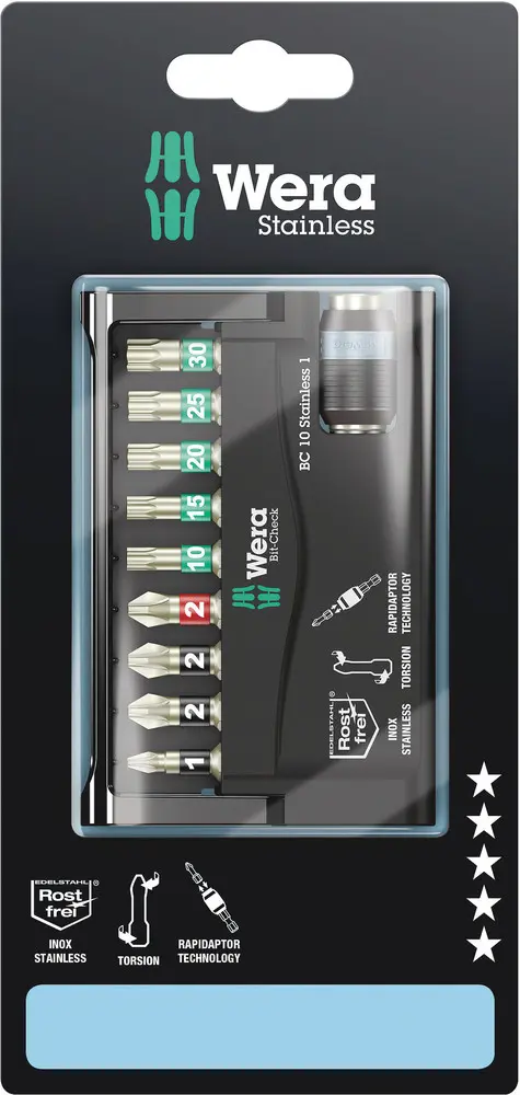 Produktfoto 1 von Wera Innensechsrund, Sechskant, Pozidriv, Phillips Bit-Check Edelstahl Edelstahl 1/4 in 25 mm, 10-teilig