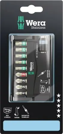 Produktfoto 1 von Wera Innensechsrund, Sechskant, Pozidriv, Phillips Bit-Check Edelstahl Edelstahl 1/4 in 25 mm, 10-teilig