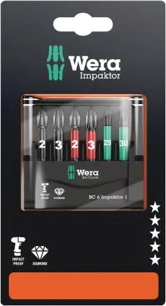 Produktfoto 1 von Wera Innensechsrund, Pozidriv, Phillips Schlagkörper 25 mm, Länge 50 mm, 6-teilig
