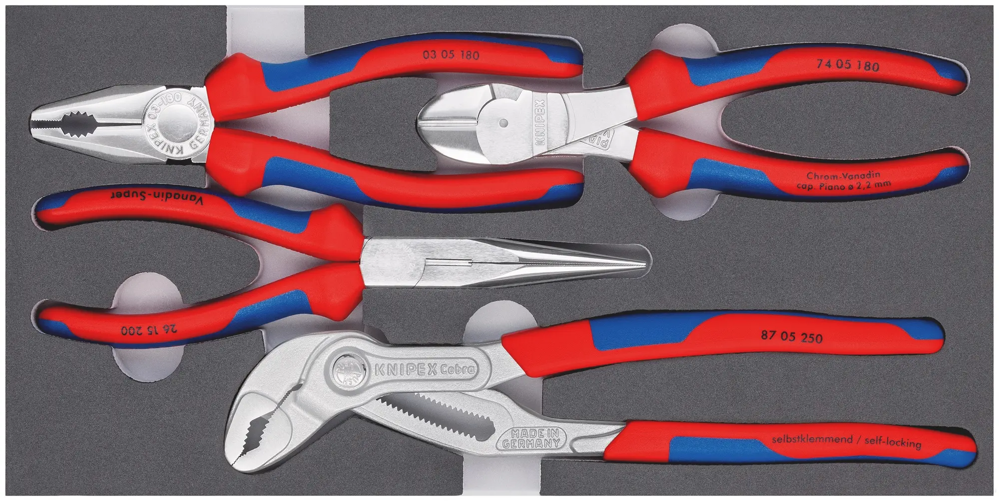 Produktfoto 1 von Knipex Zangensatz Flach, Gerade 4 Stk. 335 mm Kombizange, Seitenschneider, Spitzzange, Wasserpumpenzange