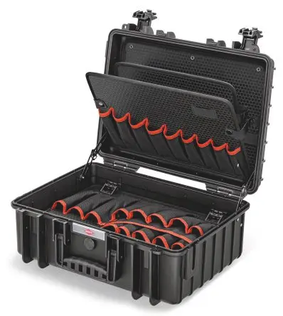 Produktfoto 1 von Knipex Polypropylen Werkzeugkoffer Schwarz, L. 370 mm B. 470mm H. 190 mm, 4.8 kg, Handkipphebel, Vorhängeschloss
