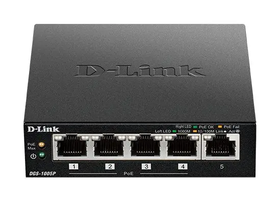 Produktfoto 1 von D-Link 5-Port Desktop Gigabit PoE+ Switch Gigabit-Switch Desktop PoE 5-Port Unmanaged 10/100/1000Mbit/s EU 105.2 x 98 x
