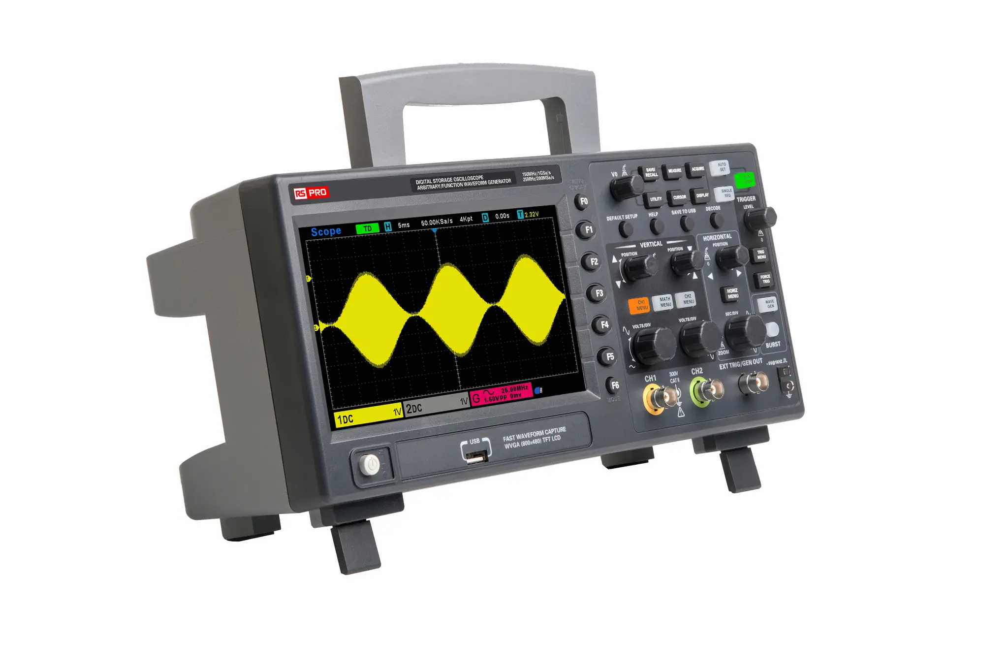 Produktfoto 1 von RS PRO Speicher Oszilloskop 2-Kanal Analog 150MHz, ISO-kalibriert USB
