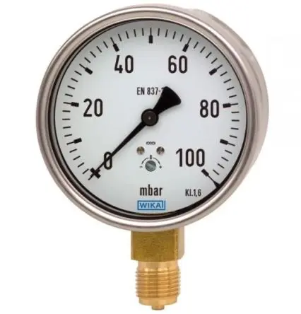 Produktfoto 1 von WIKA 612.20 Manometer 100 mm 0 mbar → 60 mbar Edelstahl Gehäuse G 1/2