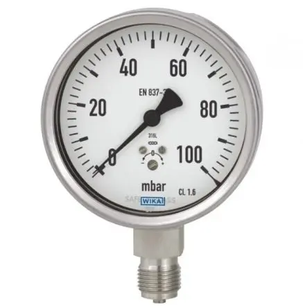Produktfoto 1 von WIKA 63X.50 Manometer 63 mm 0 mbar → 100 mbar Edelstahl Gehäuse G 1/4