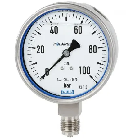 Produktfoto 1 von WIKA PG23LT Manometer 100 mm 0 bar → 10 bar Edelstahl Gehäuse G 1/2