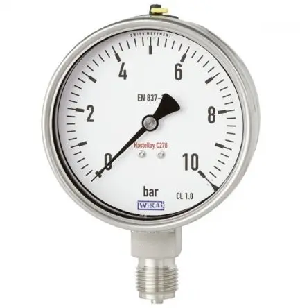 Produktfoto 1 von WIKA NPT PG28 Manometer 100 mm 0 bar → 10 bar Edelstahl 304 Gehäuse 1/2 in NPT