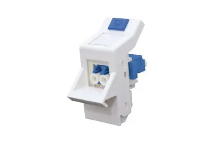 Produktfoto 1 von HellermannTyton Connectivity HTC RJ45 Winkel Abgewinkeltes LWL-Modul Euro Blau, 1 x 2-fach Auslass Gerade