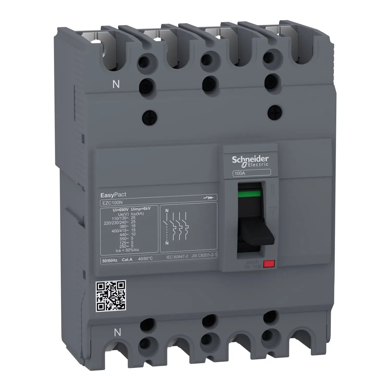 Produktfoto 1 von Schneider Electric EasyPact EZC250N, Kompaktschutzschalter 4-polig, 100 A Feststehend / Abschaltvermögen 15 kA 550 V ac