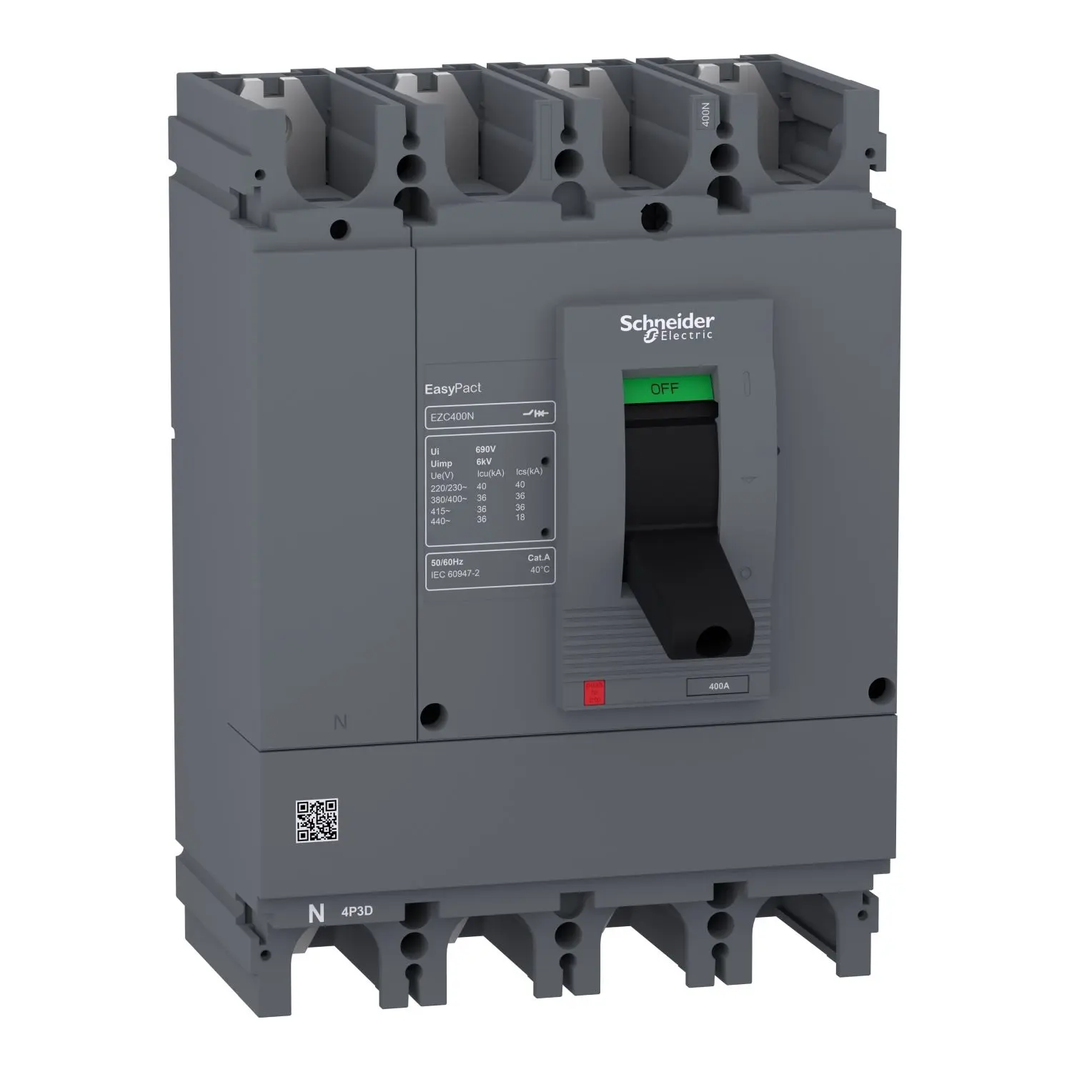 Produktfoto 1 von Schneider Electric EasyPact EZC400N, Kompaktschutzschalter 4-polig, 400 A Feststehend / Abschaltvermögen 36 kA 440 V ac