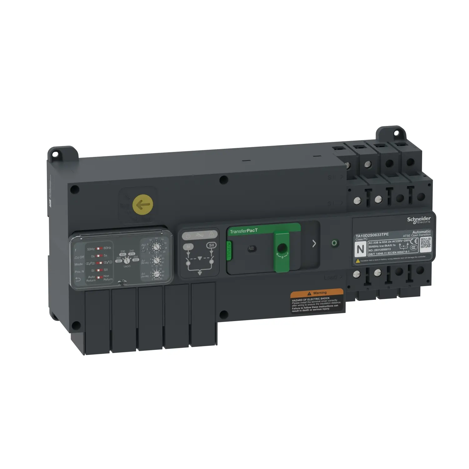 Produktfoto 1 von Schneider Electric TAA100 TransferPacT Elektronischer Schutzschalter 230 V, 63 A DIN-Hutschiene 5000 A, Typ AC L. 145 mm