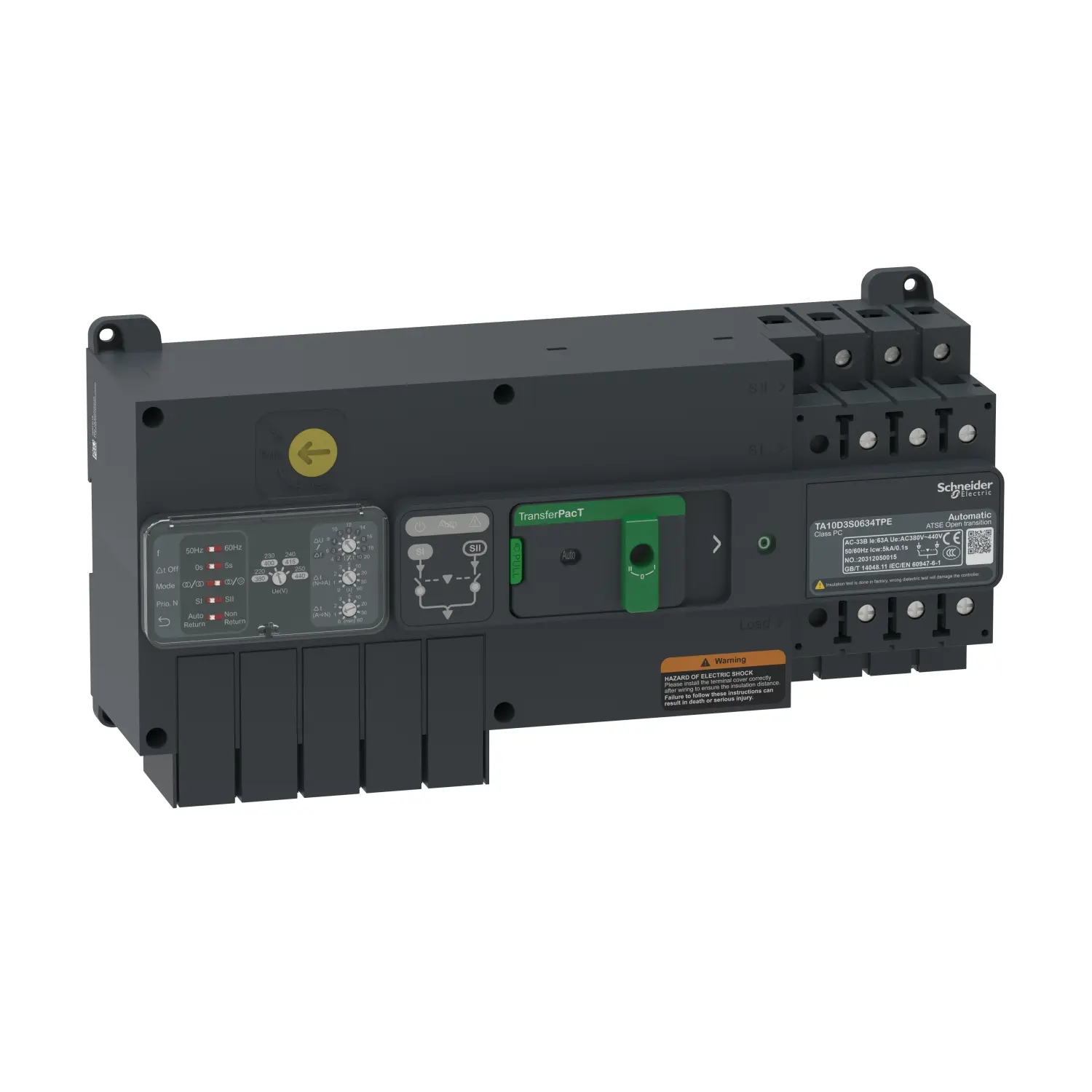 Produktfoto 1 von Schneider Electric TA100 TransferPacT Elektronischer Schutzschalter 400 V, 63 A DIN-Hutschiene 5000 A, Typ AC L. 145 mm