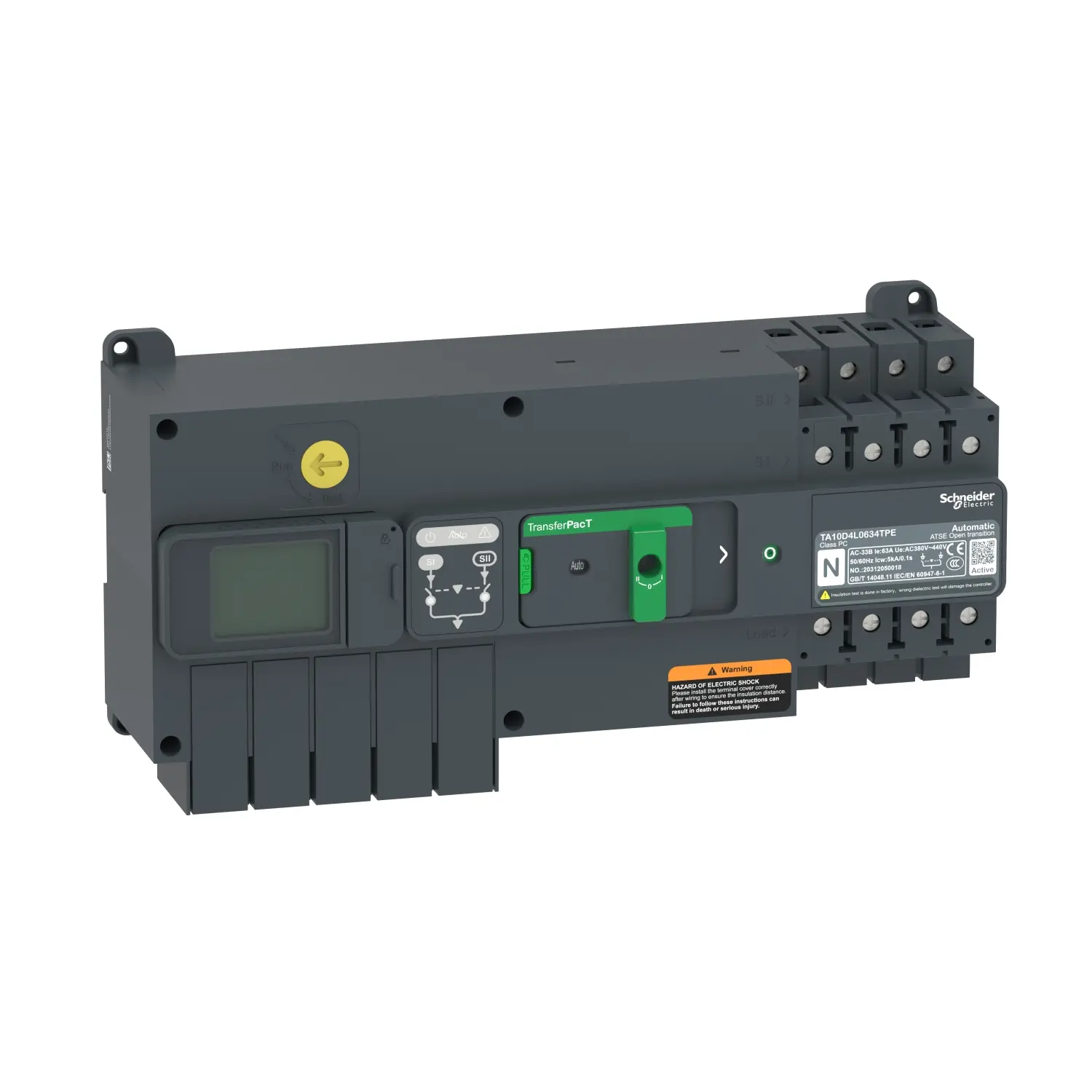 Produktfoto 1 von Schneider Electric TAA100 TransferPacT Elektronischer Schutzschalter 400 V, 63 A DIN-Hutschiene 5000 A, Typ AC L. 145 mm