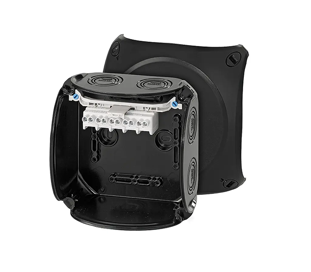Produktfoto 1 von HENSEL KF Polycarbonat Anschlussbox Schwarz IP66 5 UL, IEC, DE, CSA Breite 130 mm Höhe 130 mm Länge 77 mm
