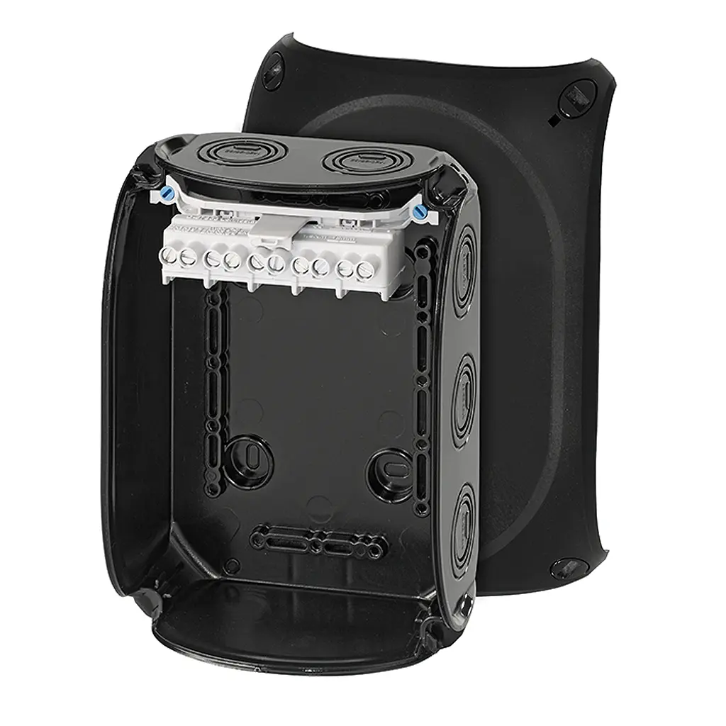 Produktfoto 1 von HENSEL KF 1006 B Polycarbonat Anschlussbox Schwarz IP66 5 DE, IEC, UL, CSA Breite 130 mm Höhe 130 mm Länge 77 mm