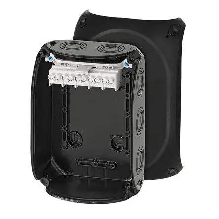 Produktfoto 1 von HENSEL KF 1006 B Polycarbonat Anschlussbox Schwarz IP66 5 DE, IEC, UL, CSA Breite 130mm Höhe 130 mm Länge 77 mm
