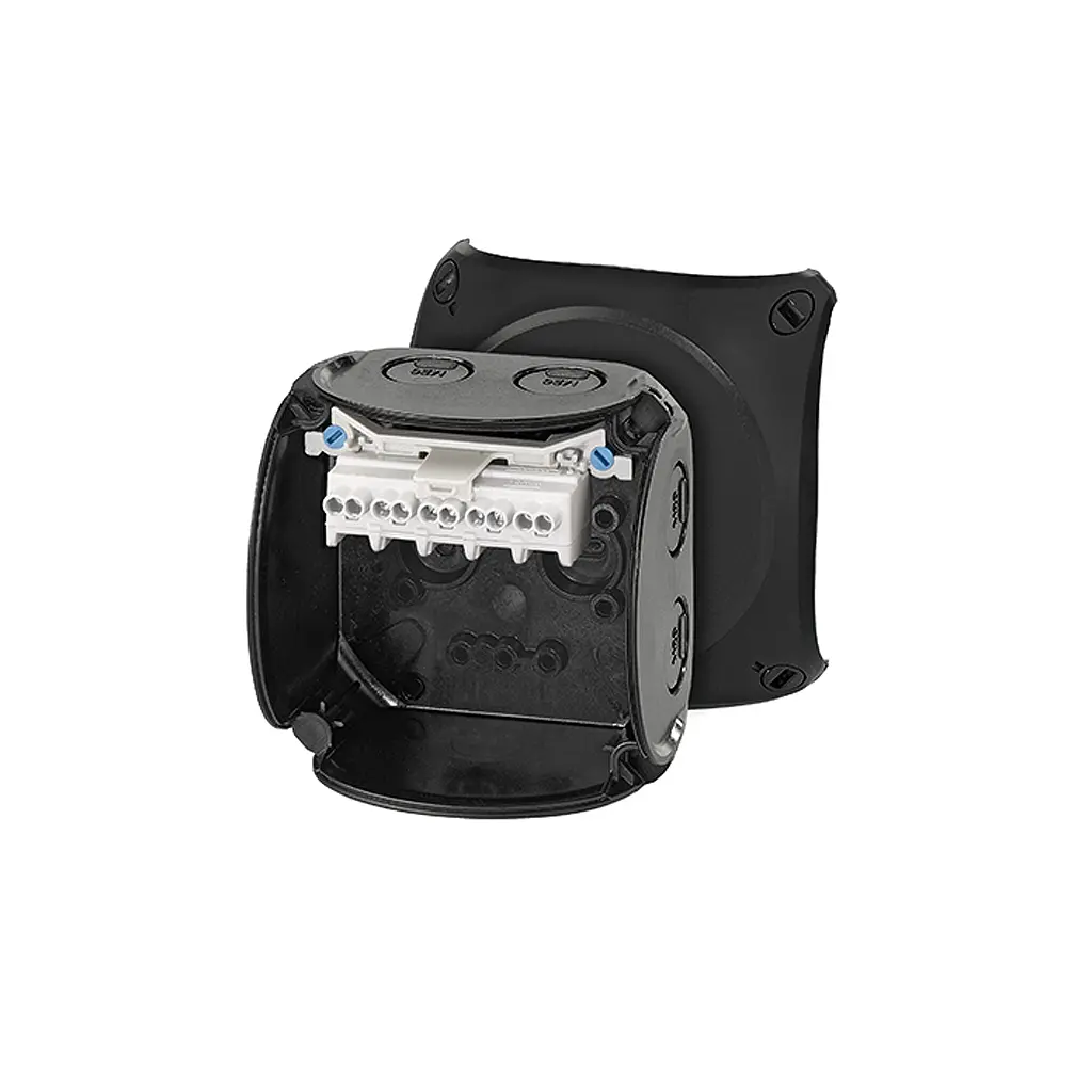 Produktfoto 1 von HENSEL KF 0202 B Polycarbonat Anschlussbox Schwarz IP66 5 IEC, UL, DE, CSA Breite 93 mm Höhe 93 mm Länge 62 mm
