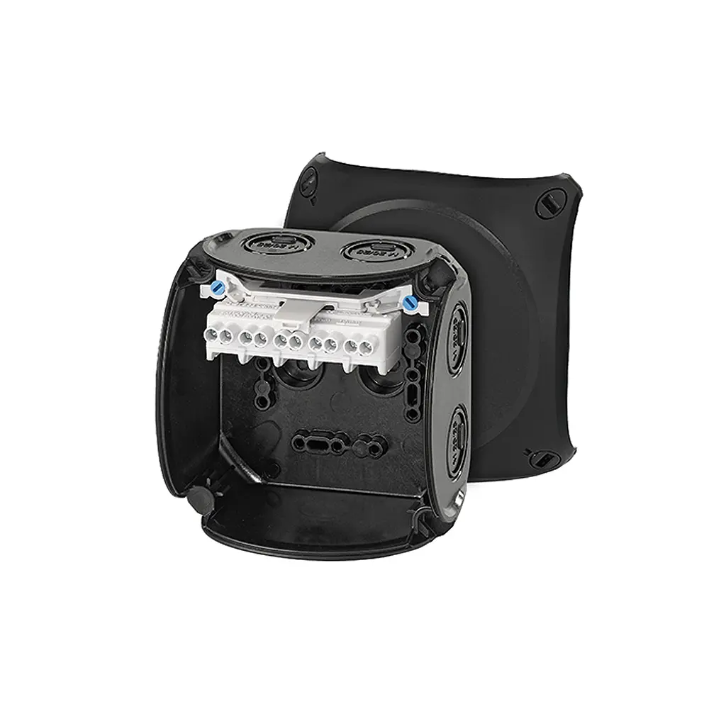 Produktfoto 1 von HENSEL KF 0404 B Polycarbonat Anschlussbox Schwarz IP66 5 CSA, UL, DE, IEC Breite 104 mm Höhe 104 mm Länge 70 mm