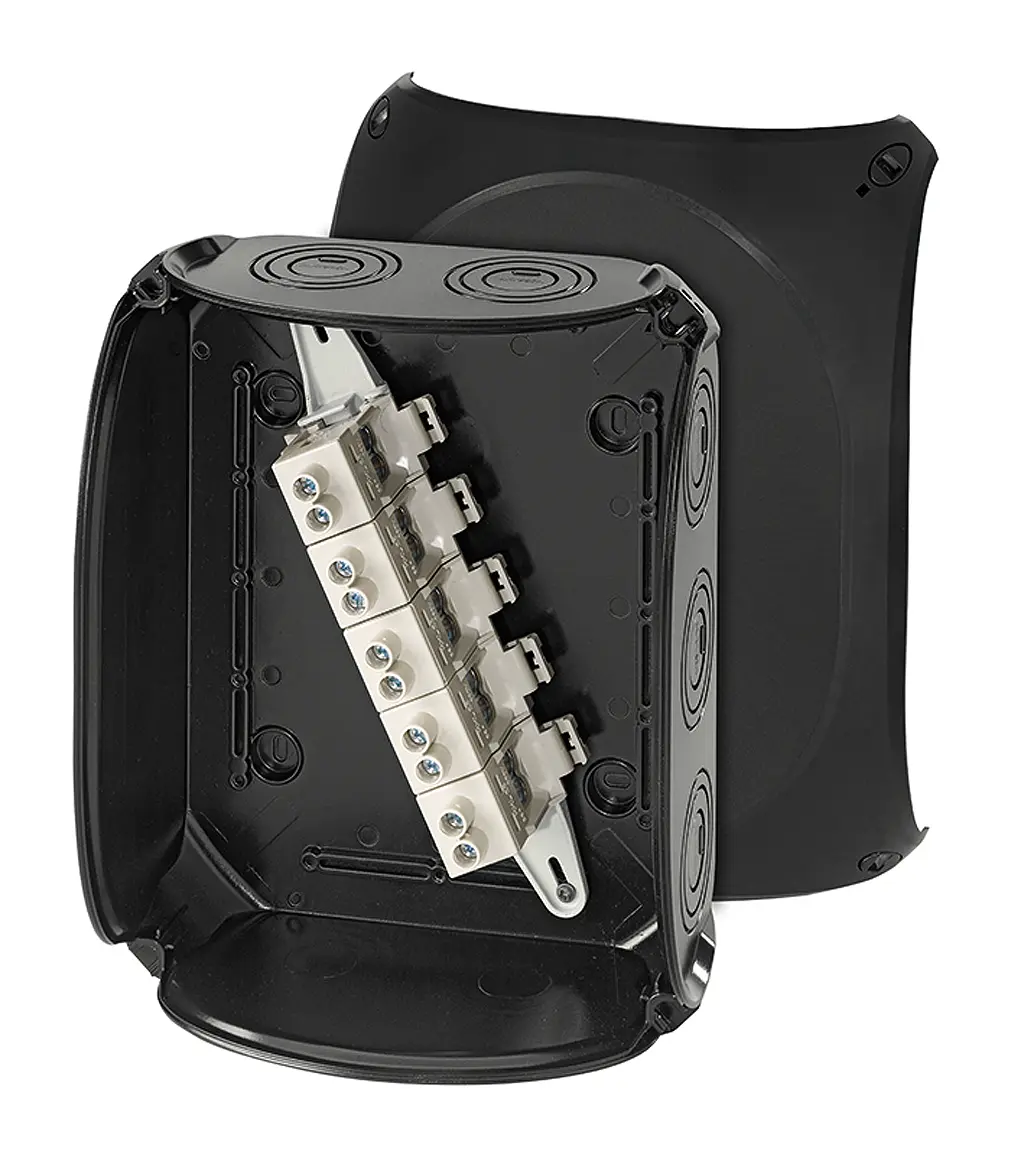 Produktfoto 1 von HENSEL KF 2525 B Polycarbonat Anschlussbox Schwarz IP66 5 IEC, UL, CSA, DE Breite 255 mm Höhe 205 mm Länge 112 mm
