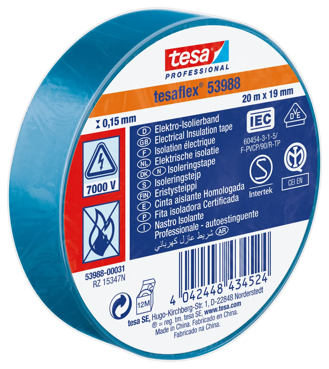 Produktfoto 1 von Tesa Tesa 53988 Polyvinylchlorid Isolierband Blau,  Stärke  150 mm x 19 mm x 20 m, 20 °C bis 90 °C