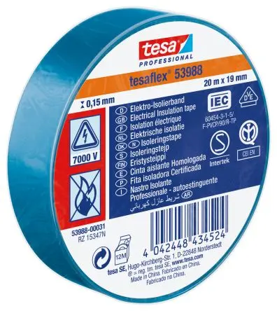Produktfoto 1 von Tesa Tesa 53988 Polyvinylchlorid Isolierband Blau, Stärke 150 mm x 19mm x 20 m, 20 °C bis 90 °C