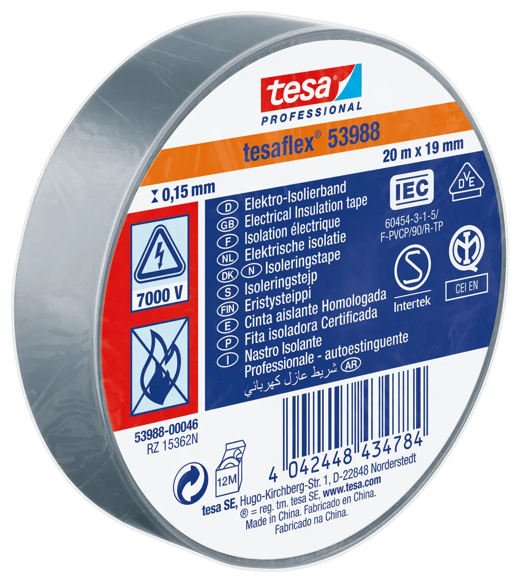 Produktfoto 1 von Tesa Tesa 53988 Polyvinylchlorid Isolierband Weiß, Grau,  Stärke  150 mm x 19 mm x 20 m, 20 °C bis 90 °C