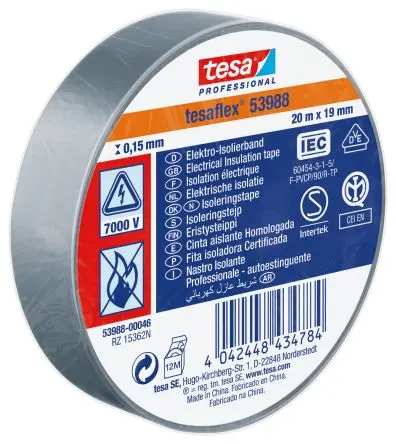 Produktfoto 1 von Tesa Tesa 53988 Polyvinylchlorid Isolierband Weiß, Grau, Stärke 150 mm x 19mm x 20 m, 20 °C bis 90 °C