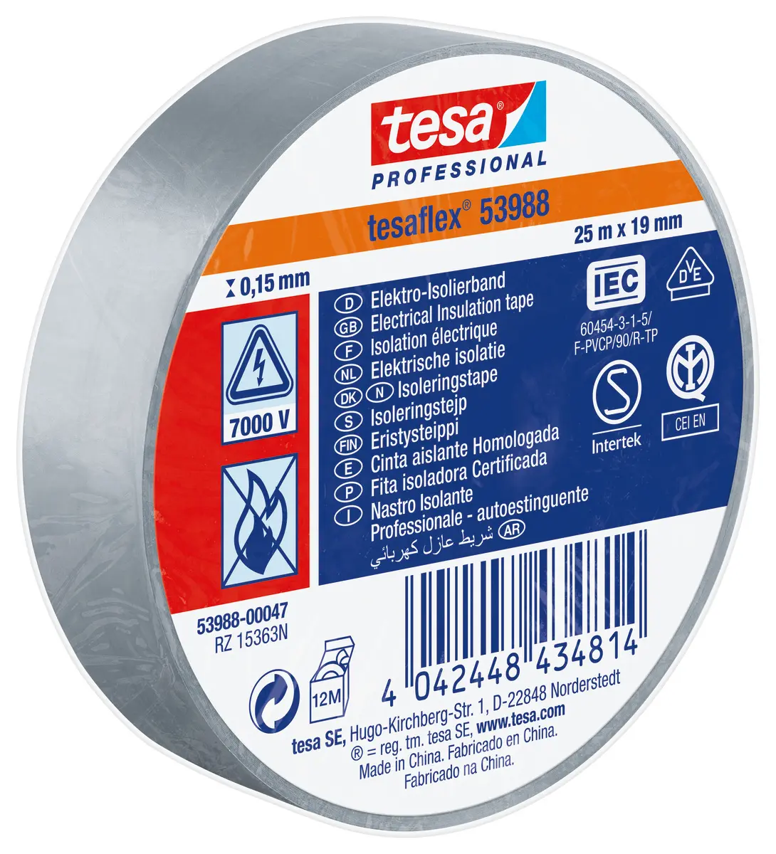 Produktfoto 1 von Tesa Tesa 53988 Polyvinylchlorid Isolierband Grau, Weiß,  Stärke  150 mm x 19 mm x 25 m, 25 °C bis 90 °C
