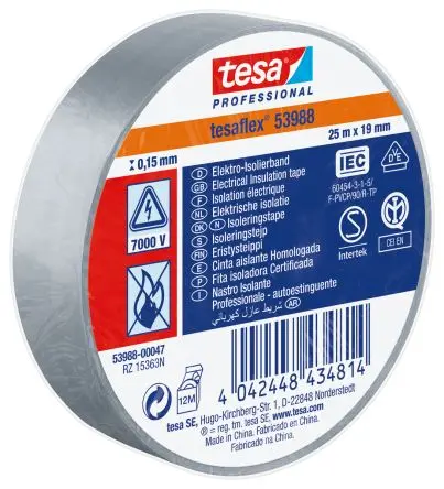 Produktfoto 1 von Tesa Tesa 53988 Polyvinylchlorid Isolierband Grau, Weiß, Stärke 150 mm x 19mm x 25 m, 25 °C bis 90 °C