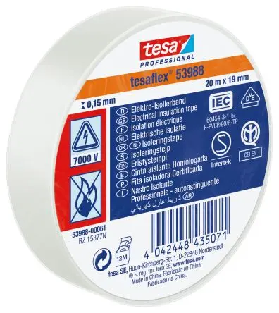 Produktfoto 1 von Tesa Tesa 53988 Polyvinylchlorid Isolierband Weiß, Stärke 150 mm x 19mm x 20 m, 20 °C bis 90 °C