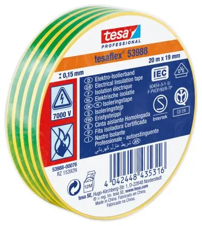 Produktfoto 1 von Tesa Tesa 53988 Polyvinylchlorid Isolierband Grün, Gelb, Stärke 150 mm x 19mm x 20 m, 20 °C bis 90 °C
