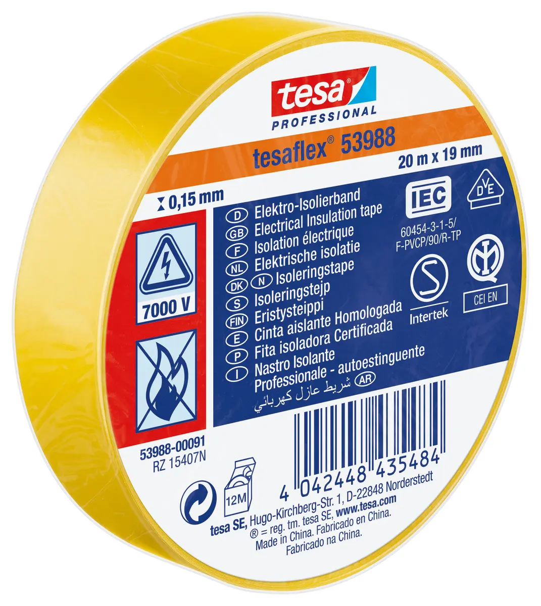 Produktfoto 1 von Tesa Tesa 53988 Polyvinylchlorid Isolierband Gelb,  Stärke  150 mm x 19 mm x 20 m, 20 °C bis 90 °C