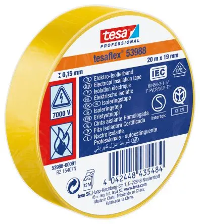 Produktfoto 1 von Tesa Tesa 53988 Polyvinylchlorid Isolierband Gelb, Stärke 150 mm x 19mm x 20 m, 20 °C bis 90 °C