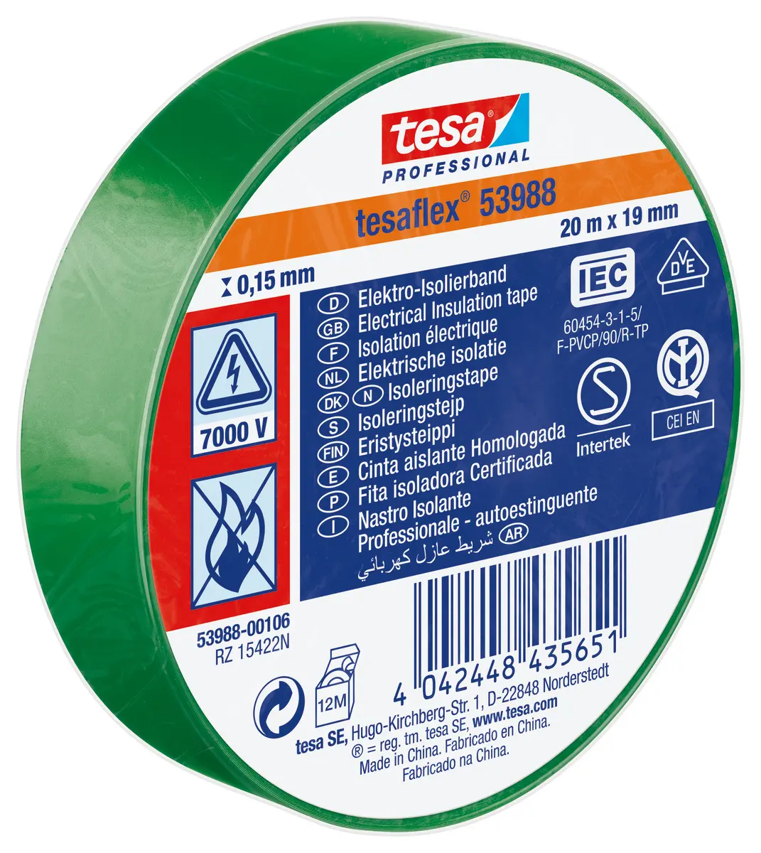 Produktfoto 1 von Tesa Tesa 53988 Polyvinylchlorid Isolierband Grün,  Stärke  150 mm x 19 mm x 20 m, 20 °C bis 90 °C