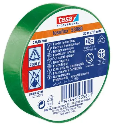 Produktfoto 1 von Tesa Tesa 53988 Polyvinylchlorid Isolierband Grün, Stärke 150 mm x 19mm x 20 m, 20 °C bis 90 °C