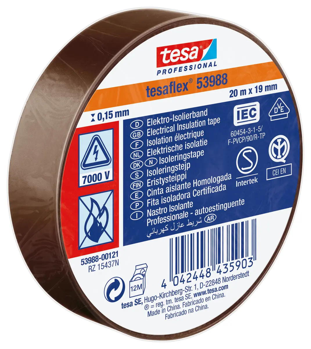 Produktfoto 1 von Tesa Tesa 53988 Polyvinylchlorid Isolierband Braun,  Stärke  150 mm x 19 mm x 20 m, 20 °C bis 90 °C