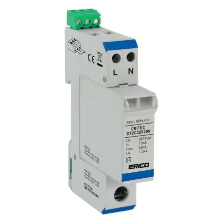Produktfoto 1 von nVent ERICO, Überspannungsschutz, 1500 V ac 35 kA DIN-Hutschiene ERICO DT2C