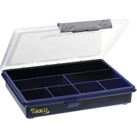 Produktfoto 1 von Raaco Kleinteilebox, Polypropylen Klar, Blau, 7 Fächer, 32 mm x 175mm x 143 mm