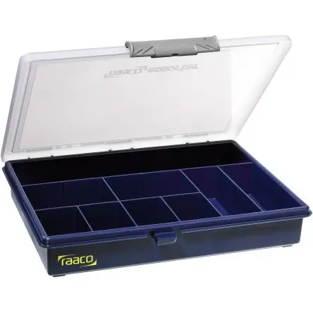 Produktfoto 1 von Raaco Kleinteilebox, Polypropylen Klar, Blau, 9 Fächer, 43 mm x 240mm x 195 mm