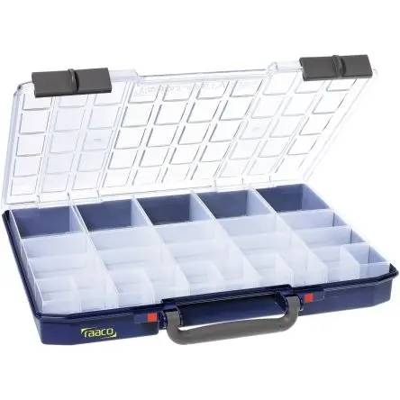 Produktfoto 1 von Raaco Kleinteilebox, Polypropylen, Polycarbonat Klar, Blau, 25 Fächer, 57 mm x 413mm x 330 mm